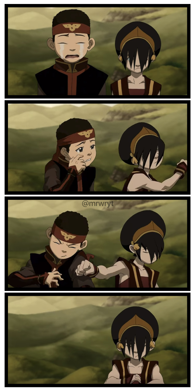 Aang and Toph share a tender moment. Book 3, Avatar: The Last Airbender. Nickelodeon 