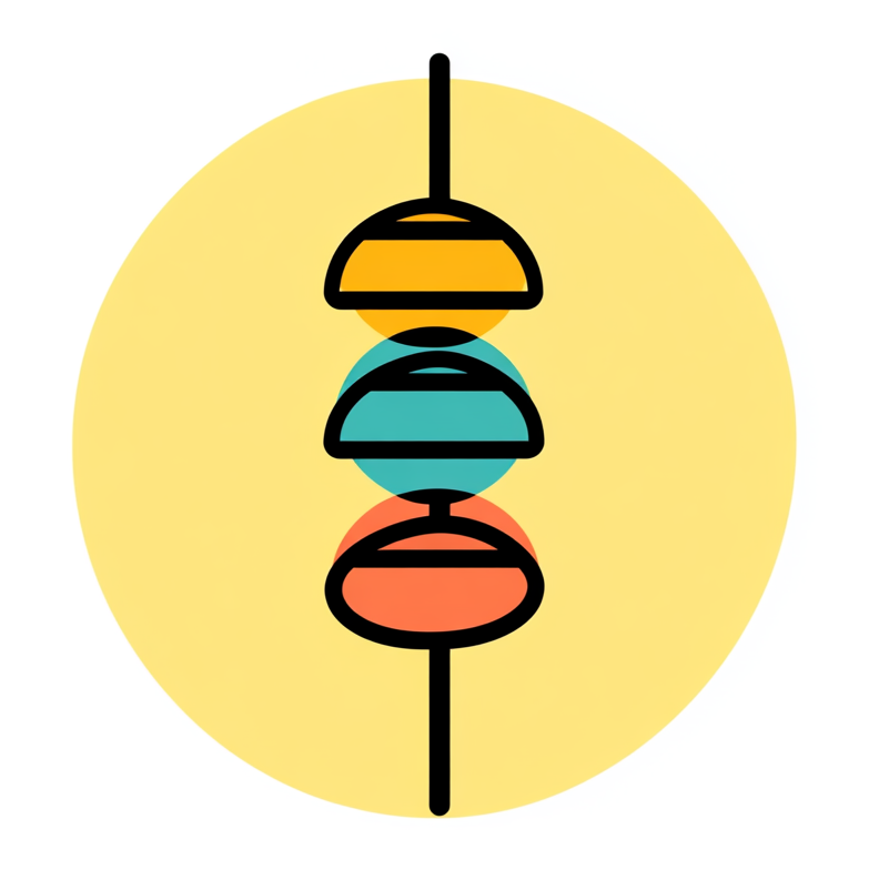 A minimalist icon of a kebab skewer with three evenly spaced round pieces, designed in a clean, modern style. The kebab is angled slightly, fitting neatly inside a circle. The design uses only two bold contrasting colors, such as black and white or blue and yellow, with simple geometric shapes. There’s empty space below the kebab skewer for potential text. Avoid shadows, gradients, or fine details, ensuring the design remains clear and recognizable at small sizes. --ar 1:1 --stylize 50 --v 6.1