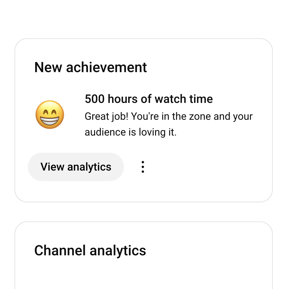 YouTube achievement 500 watch hours screen shot from YouTube Studio